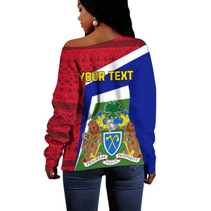 Gambia Independence Day Off Shoulder Sweater with Coat of Arms and African Pattern