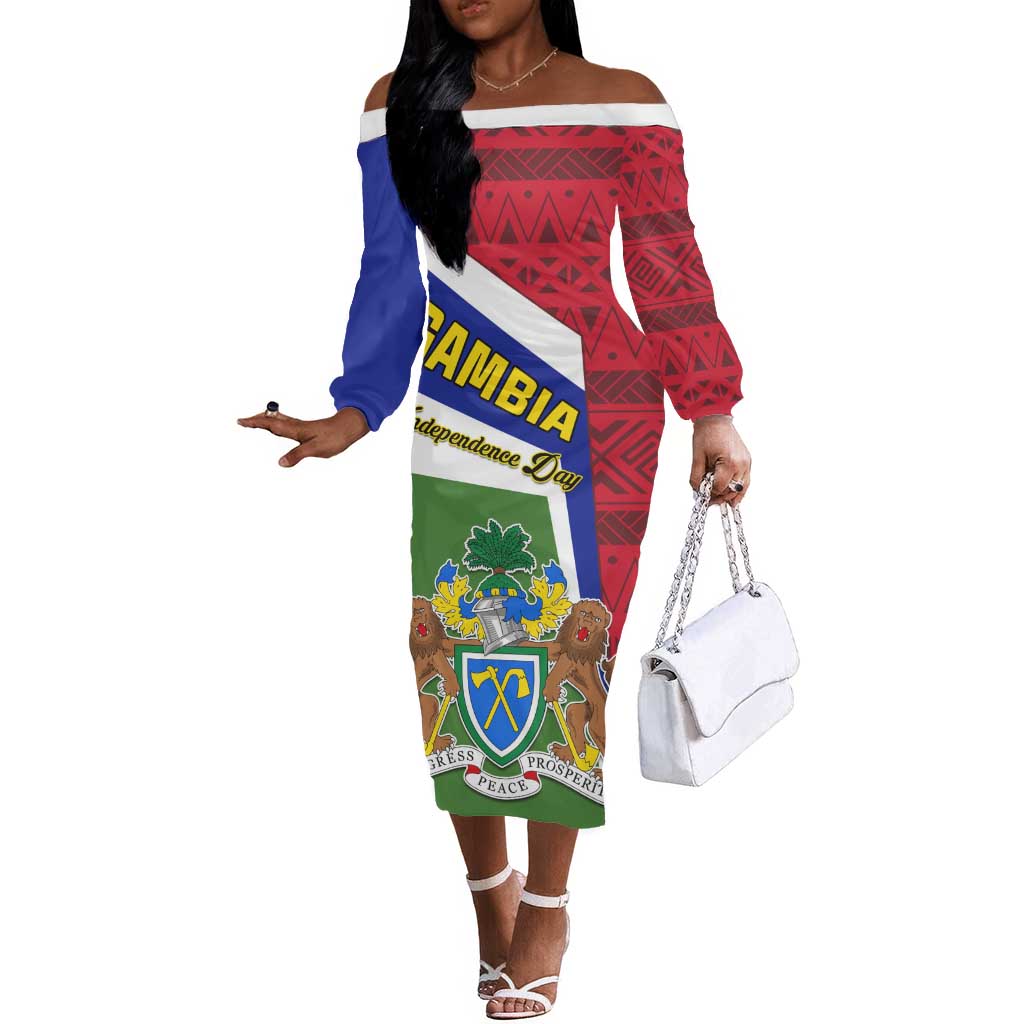 Gambia Independence Day Off The Shoulder Long Sleeve Dress with Coat of Arms and African Pattern