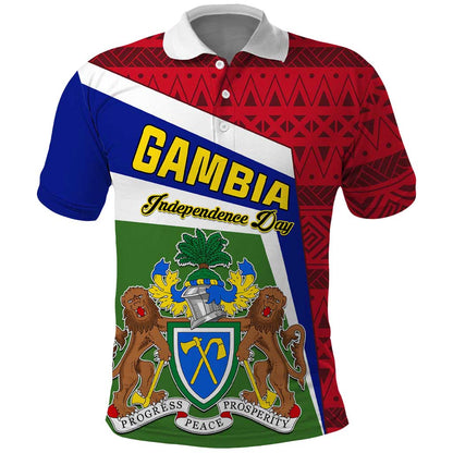 Gambia Independence Day Polo Shirt with Coat of Arms and African Pattern
