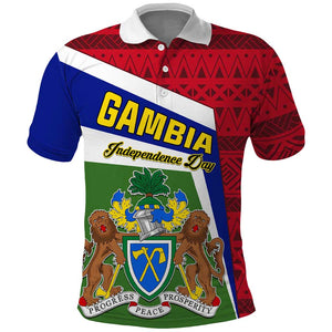 Gambia Independence Day Polo Shirt with Coat of Arms and African Pattern