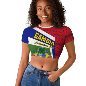 Gambia Independence Day Raglan Cropped T shirt with Coat of Arms and African Pattern