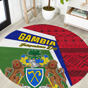 Gambia Independence Day Round Carpet with Coat of Arms and African Pattern