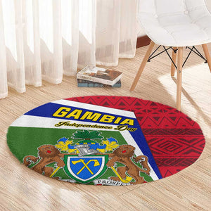 Gambia Independence Day Round Carpet with Coat of Arms and African Pattern