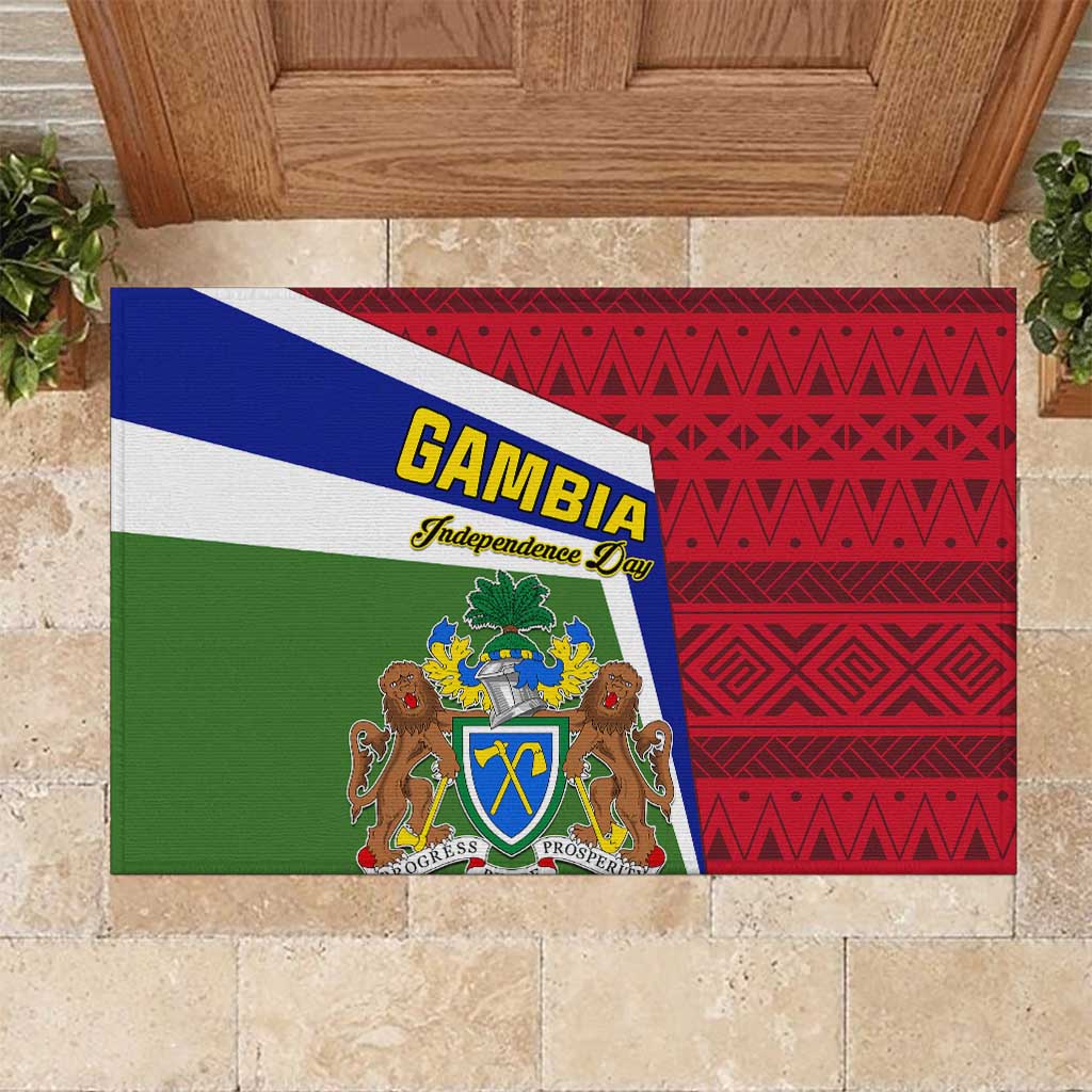 Gambia Independence Day Rubber Doormat with Coat of Arms and African Pattern