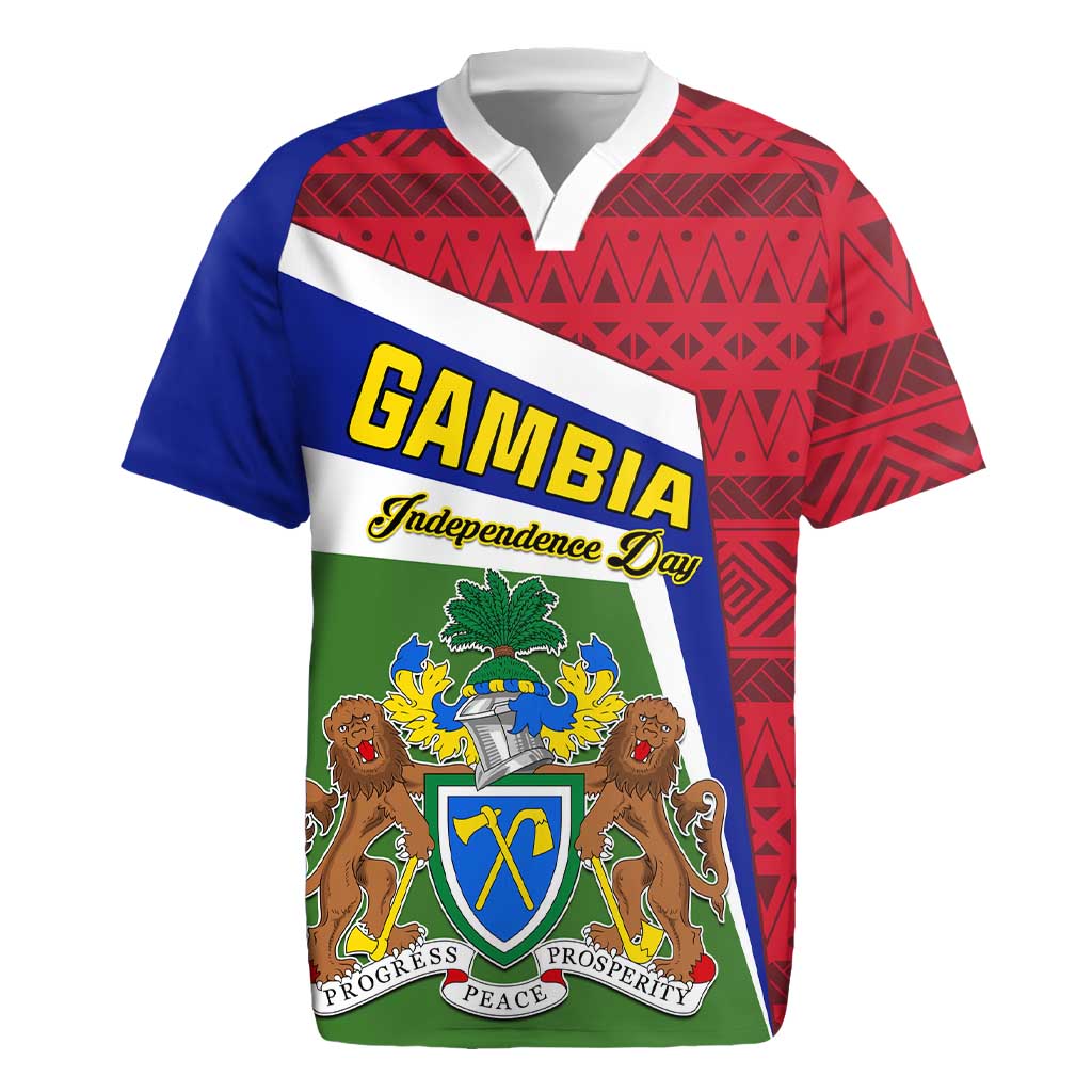 Gambia Independence Day Rugby Jersey with Coat of Arms and African Pattern