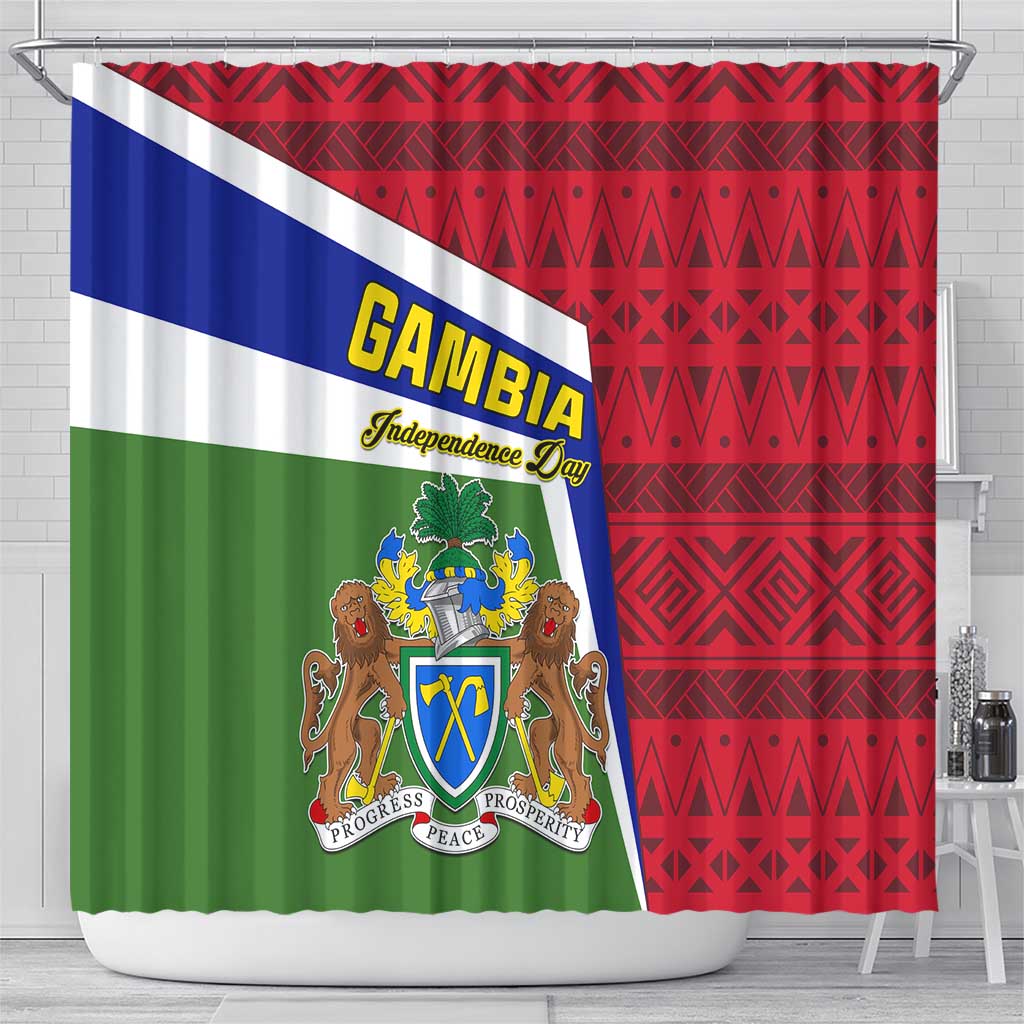 Gambia Independence Day Shower Curtain with Coat of Arms and African Pattern