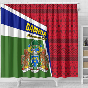 Gambia Independence Day Shower Curtain with Coat of Arms and African Pattern