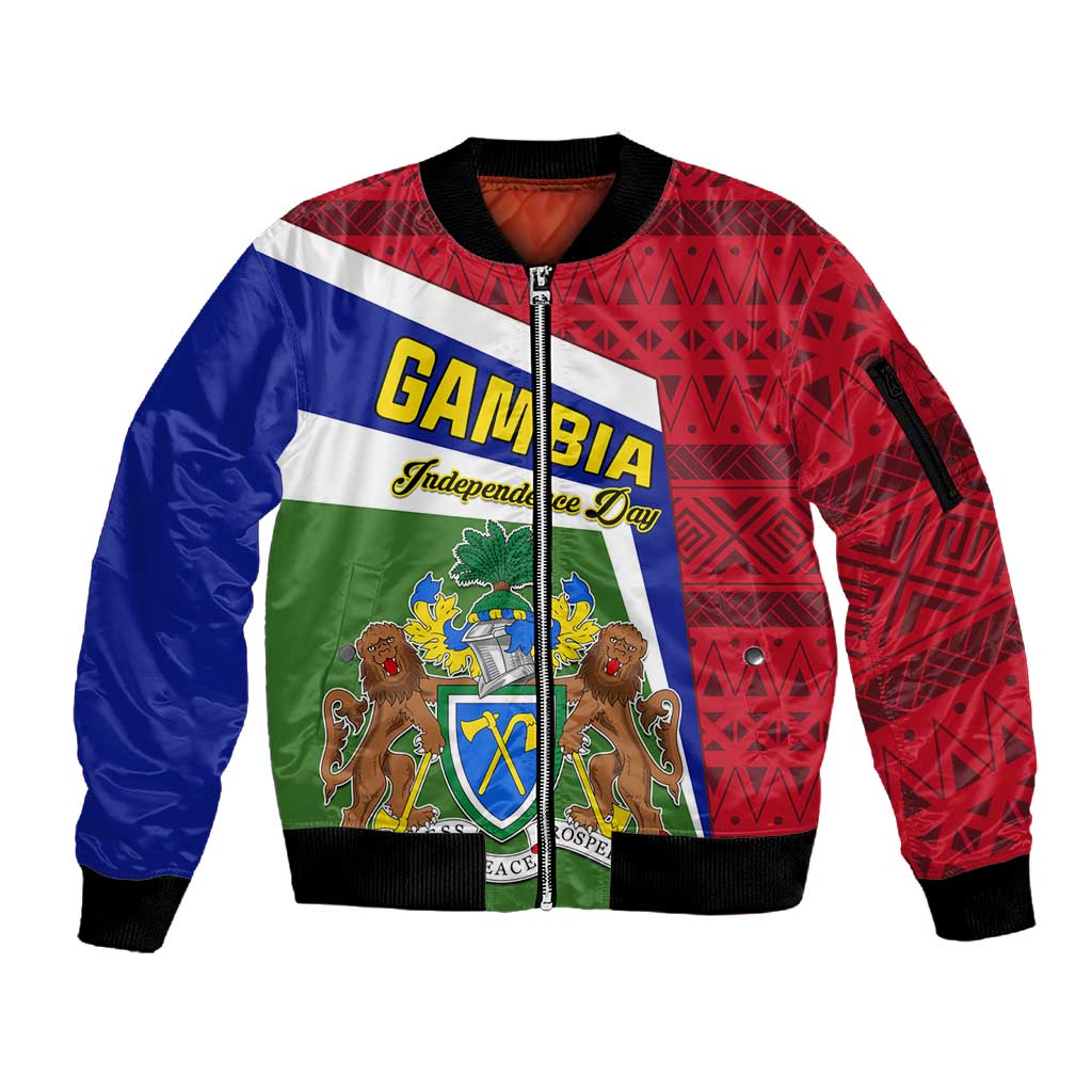 Gambia Independence Day Sleeve Zip Bomber Jacket with Coat of Arms and African Pattern