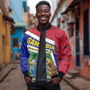 Gambia Independence Day Sleeve Zip Bomber Jacket with Coat of Arms and African Pattern