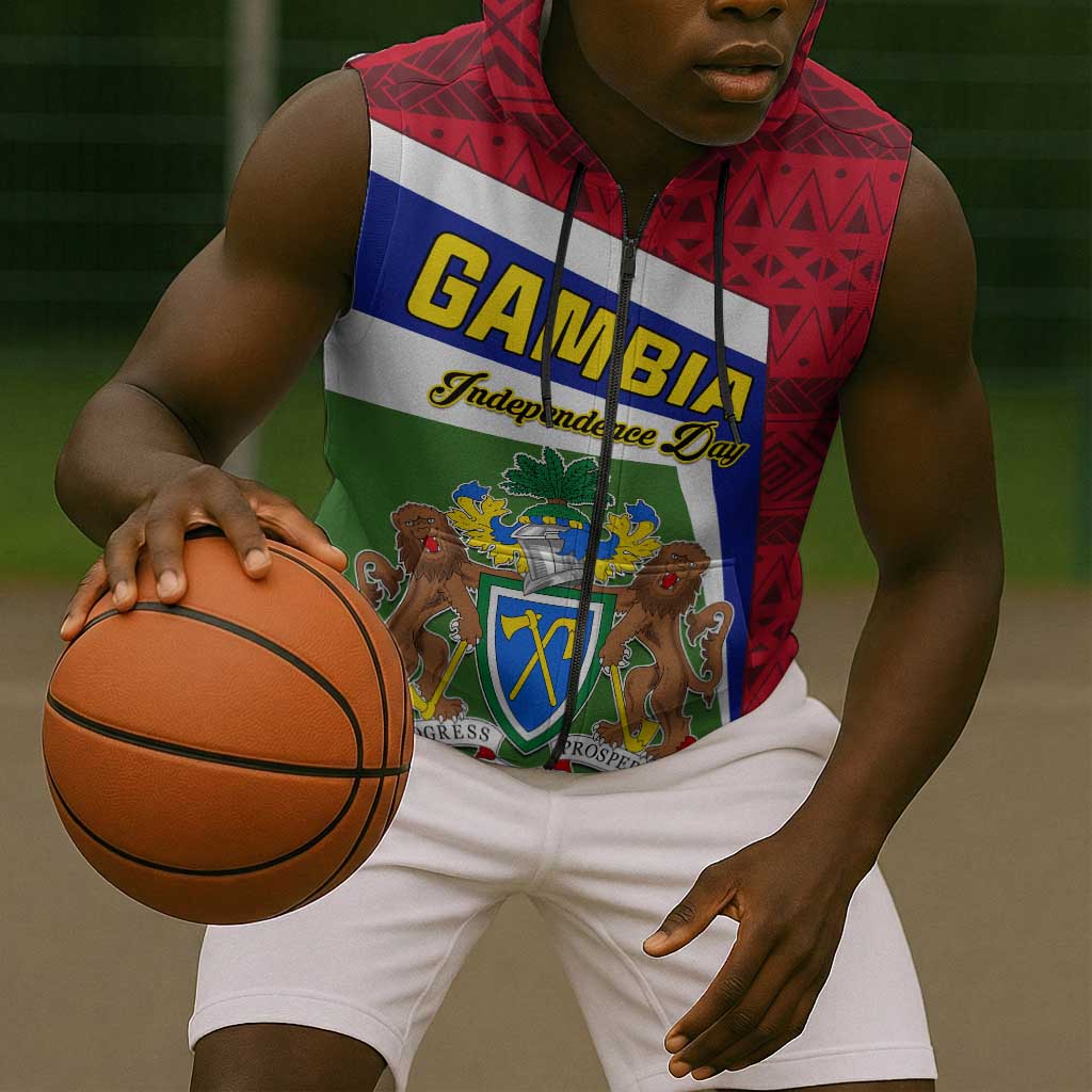 Gambia Independence Day Sleeveless Zip Hoodie with Coat of Arms and African Pattern - African Pride