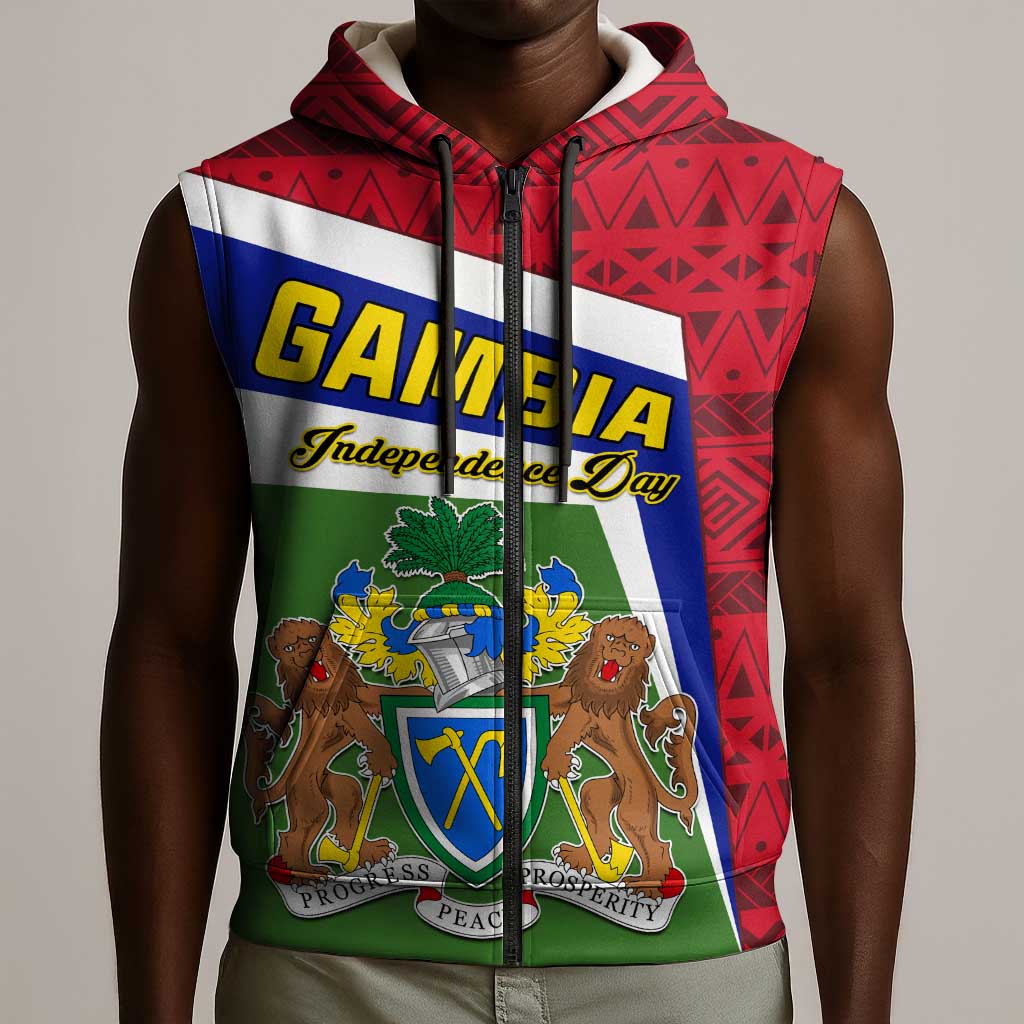 Gambia Independence Day Sleeveless Zip Hoodie with Coat of Arms and African Pattern - African Pride
