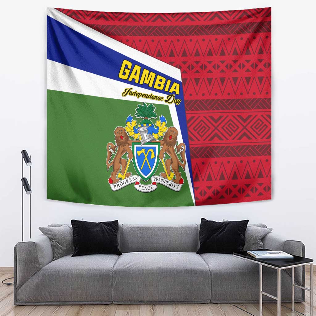 Gambia Independence Day Tapestry with Coat of Arms and African Pattern