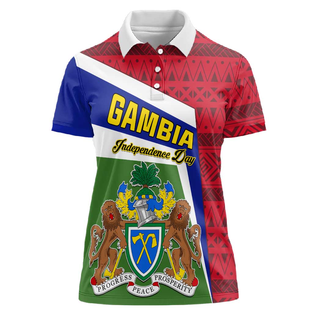 Gambia Independence Day Women Polo Shirt with Coat of Arms and African Pattern