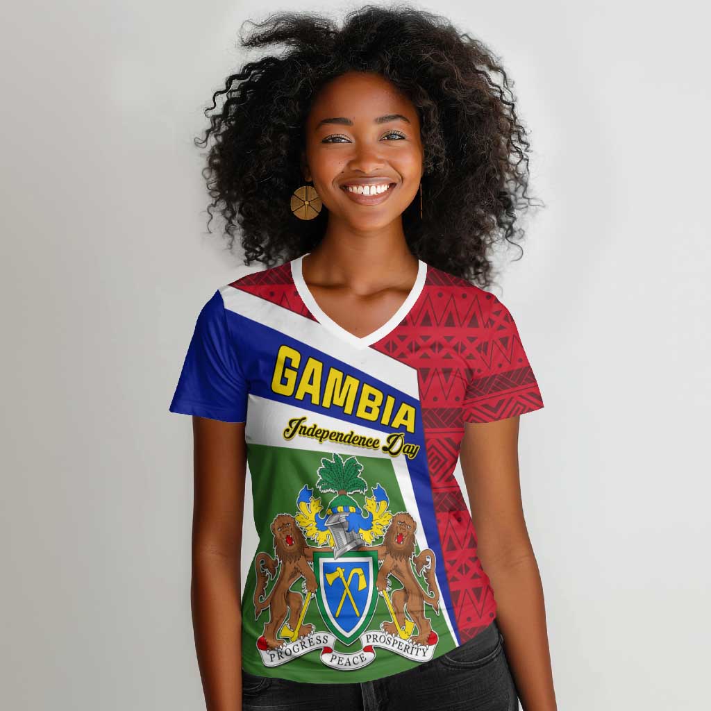 Gambia Independence Day Women V-Neck T-Shirt with Coat of Arms and African Pattern