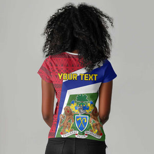 Gambia Independence Day Women V-Neck T-Shirt with Coat of Arms and African Pattern