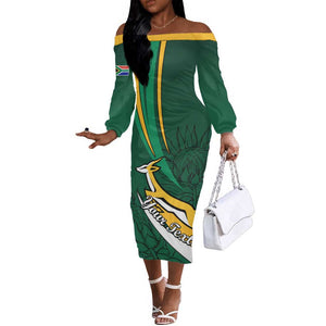 Personalized South Africa Rugby Off The Shoulder Long Sleeve Dress - Springboks Go Champions, World Cup