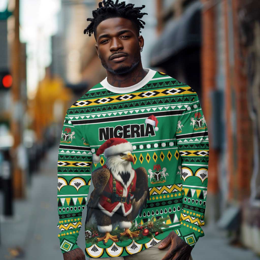 Nigeria Christmas Long Sleeve Shirt Eagle Santa - African Pattern