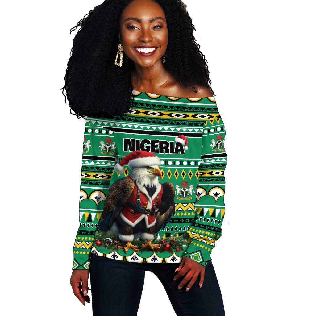 Nigeria Christmas Off Shoulder Sweater Eagle Santa - African Pattern