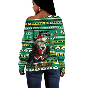 Nigeria Christmas Off Shoulder Sweater Eagle Santa - African Pattern