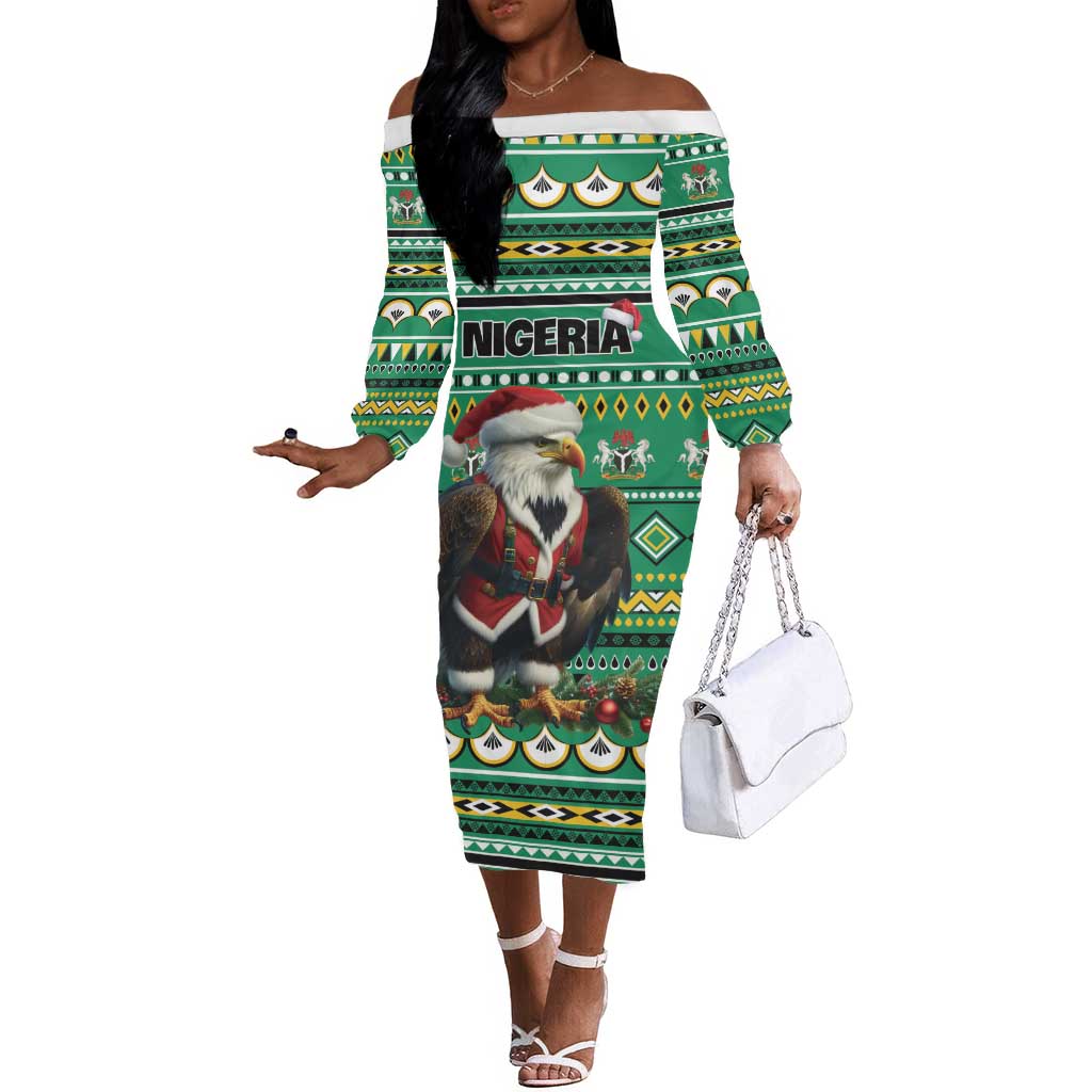 Nigeria Christmas Off The Shoulder Long Sleeve Dress Eagle Santa - African Pattern