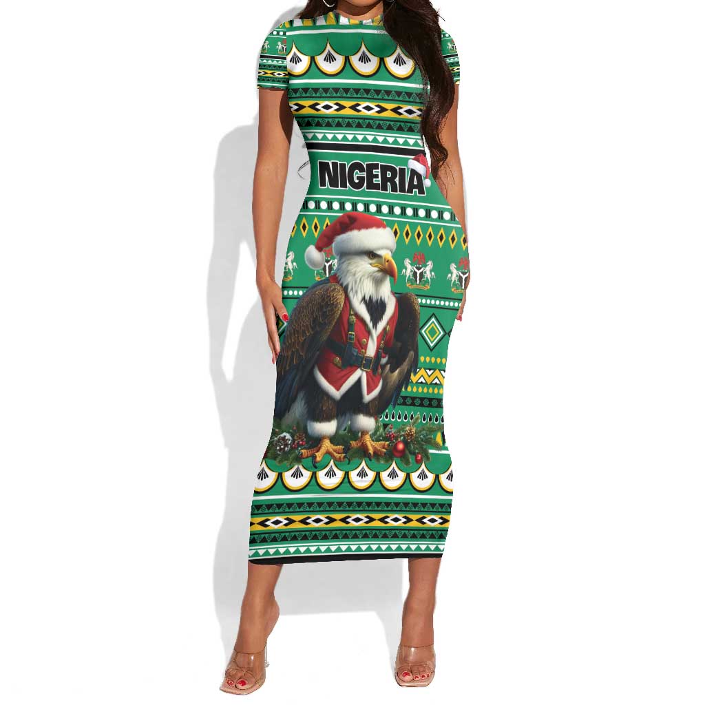 Nigeria Christmas Short Sleeve Bodycon Dress Eagle Santa - African Pattern