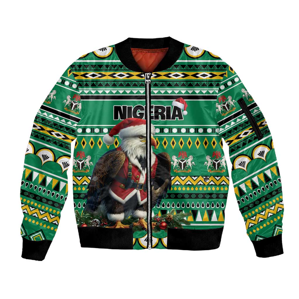 Nigeria Christmas Sleeve Zip Bomber Jacket Eagle Santa - African Pattern