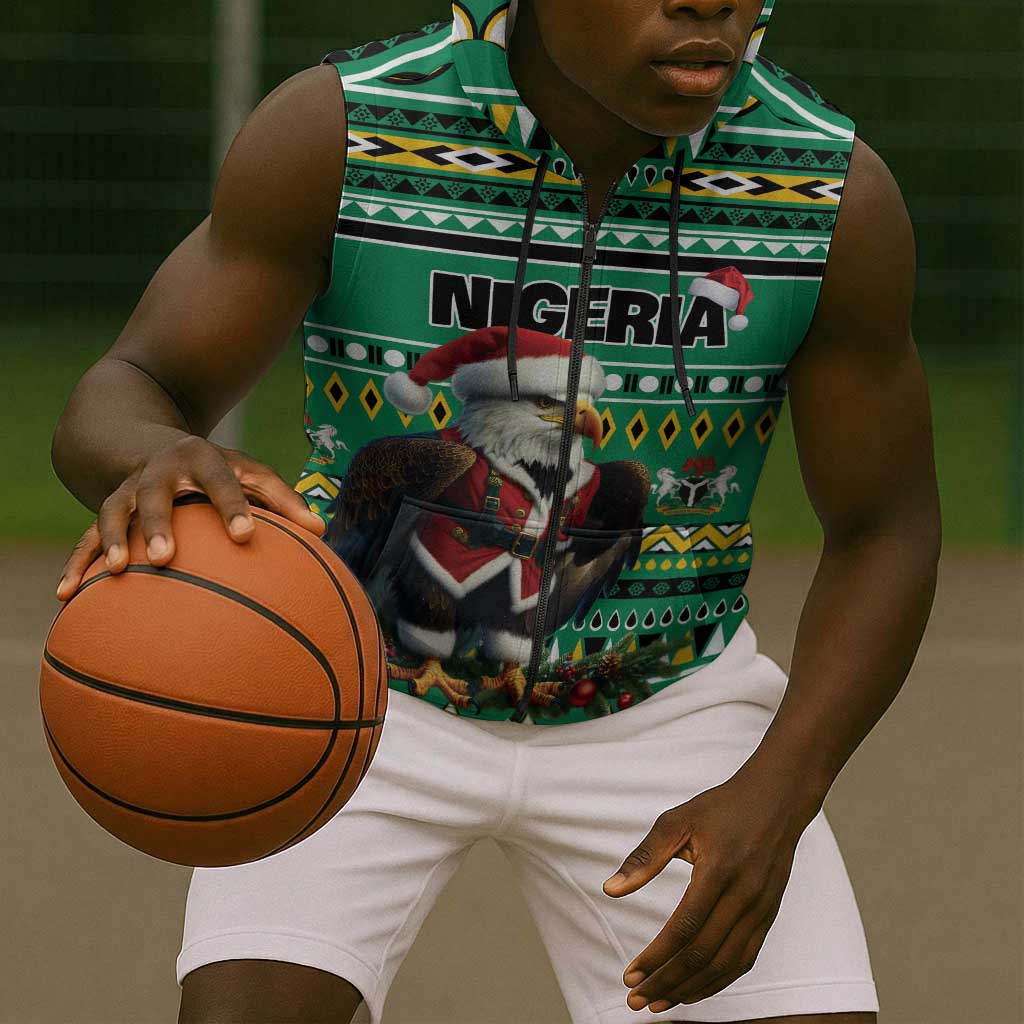 Nigeria Christmas Sleeveless Zip Hoodie Eagle Santa - African Pattern - African Pride