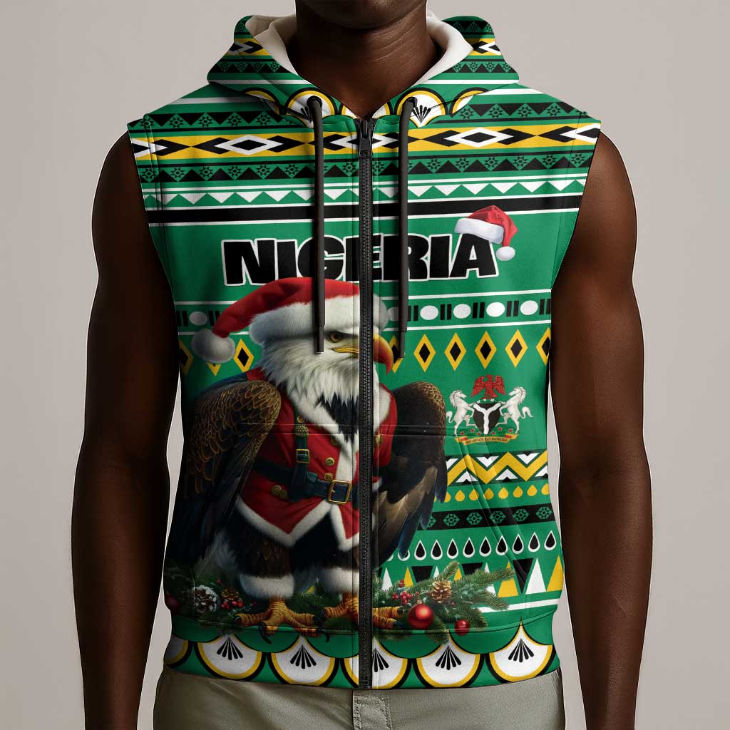 Nigeria Christmas Sleeveless Zip Hoodie Eagle Santa - African Pattern - African Pride