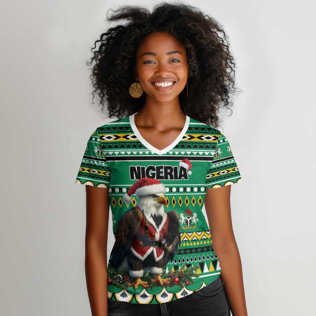 Nigeria Christmas Women V-Neck T-Shirt Eagle Santa - African Pattern