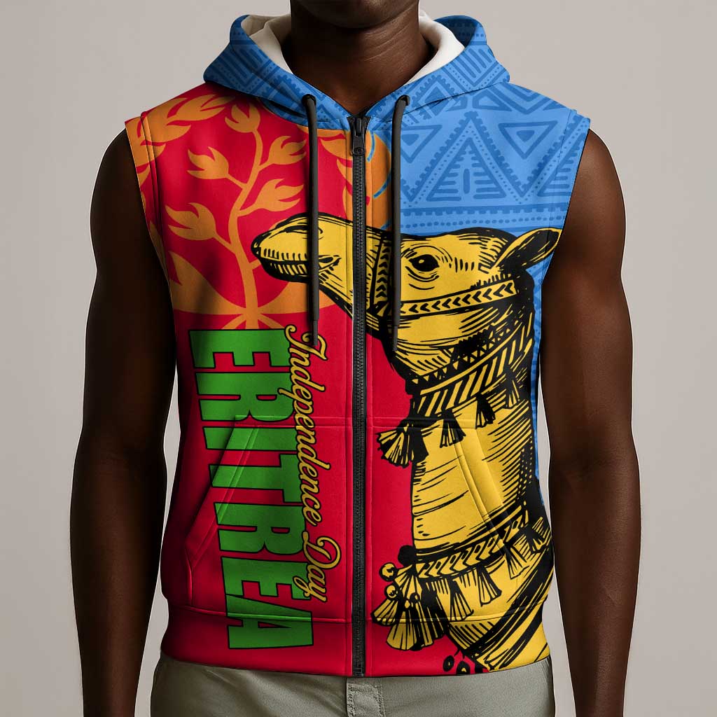 Eritrea Independence Day 2024 Sleeveless Zip Hoodie Eritrean Camel African Pattern - African Pride