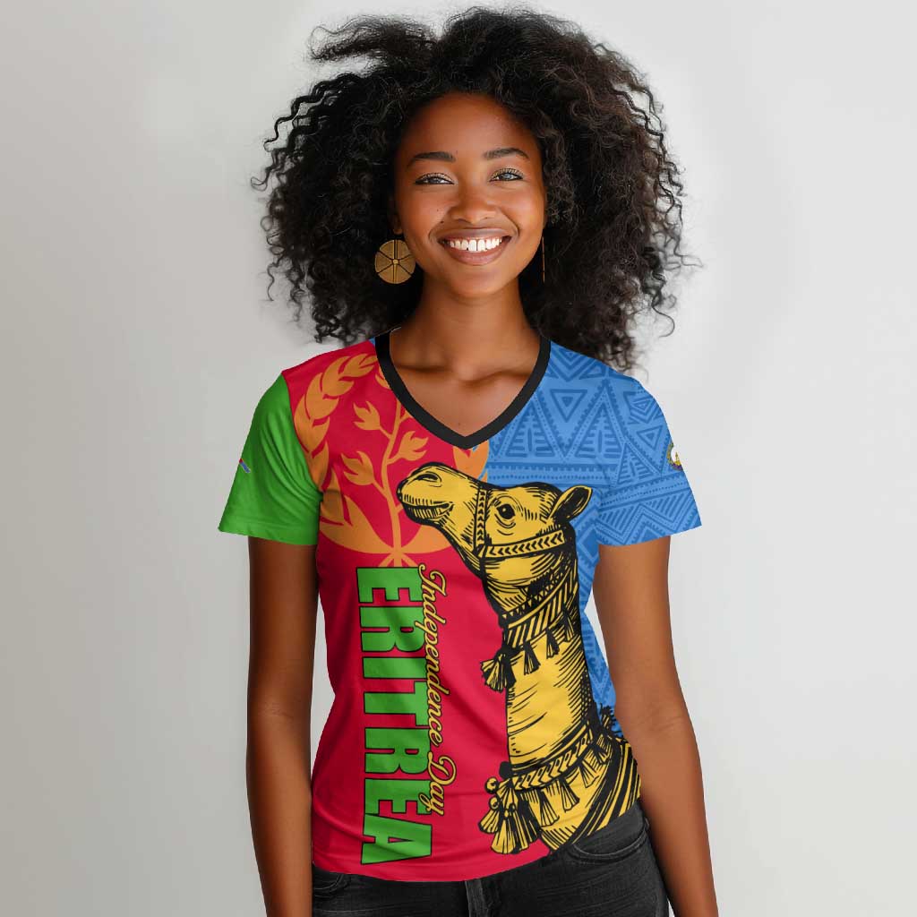 Eritrea Independence Day 2024 Women V-Neck T-Shirt Eritrean Camel African Pattern