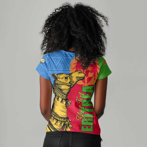 Eritrea Independence Day 2024 Women V-Neck T-Shirt Eritrean Camel African Pattern