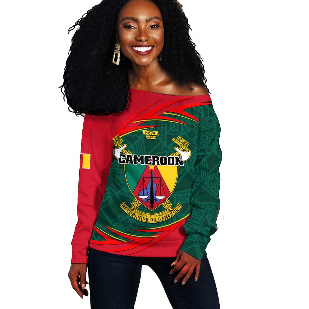 Personalized Cameroon Off Shoulder Sweater with Cameroun Coat of Arms and African Pattern