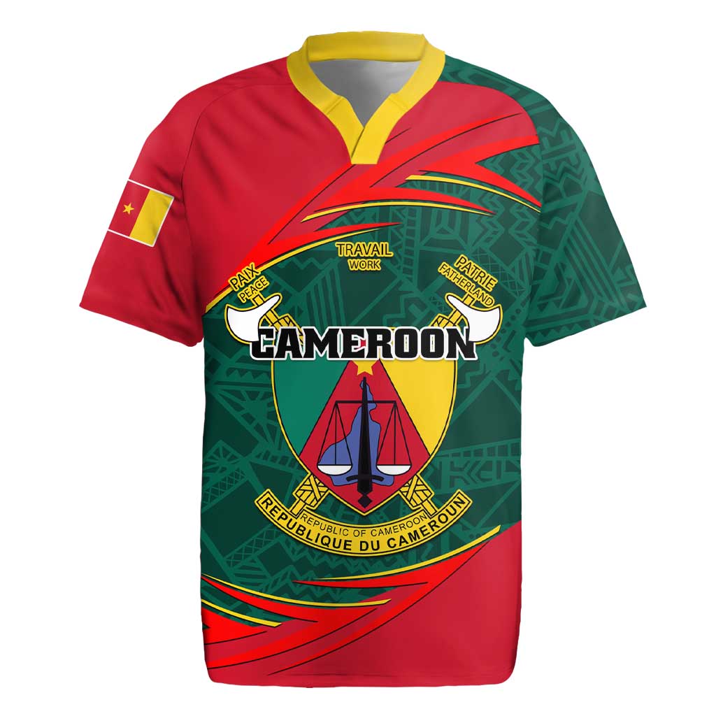 Personalized Cameroon Rugby Jersey with Cameroun Coat of Arms and African Pattern