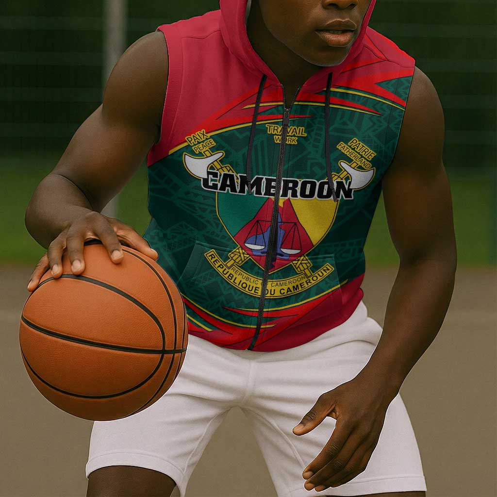 Personalized Cameroon Sleeveless Zip Hoodie with Cameroun Coat of Arms and African Pattern - African Pride