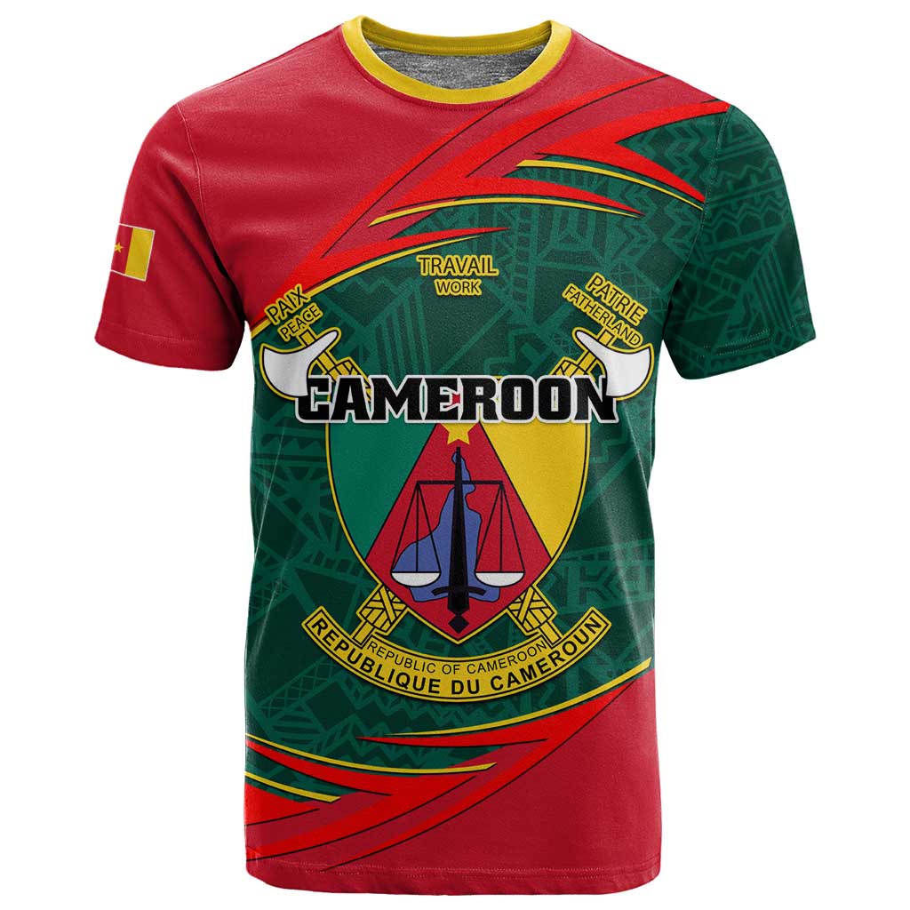 Personalized Cameroon T shirt with Cameroun Coat of Arms and African Pattern