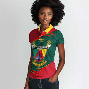 Personalized Cameroon Women Polo Shirt with Cameroun Coat of Arms and African Pattern