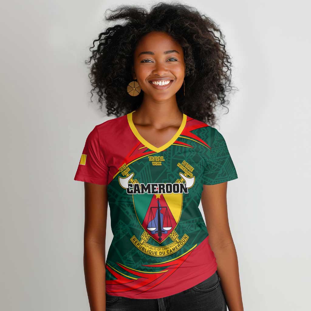 Personalized Cameroon Women V-Neck T-Shirt with Cameroun Coat of Arms and African Pattern