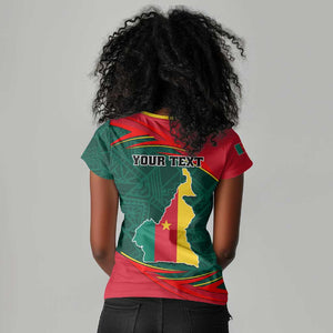 Personalized Cameroon Women V-Neck T-Shirt with Cameroun Coat of Arms and African Pattern