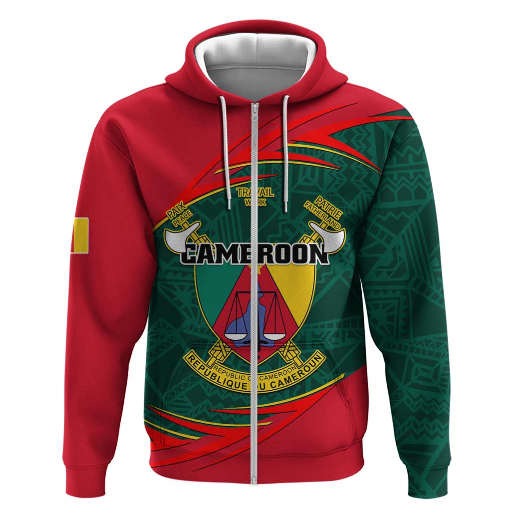 Personalized Cameroon Zip Hoodie with Cameroun Coat of Arms and African Pattern