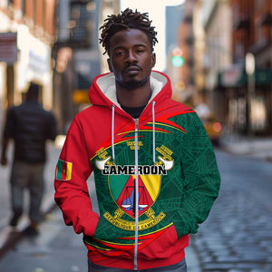 Personalized Cameroon Zip Hoodie with Cameroun Coat of Arms and African Pattern