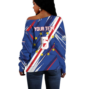 Custom World Football 2026 Cabo Verde Off Shoulder Sweater Tubaroes Azuis Victory