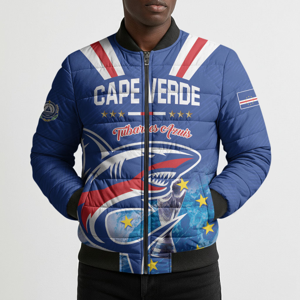 Custom Cape Verde Football 2026 Blue Shark Bomber Puffer Jacket Go Champions
