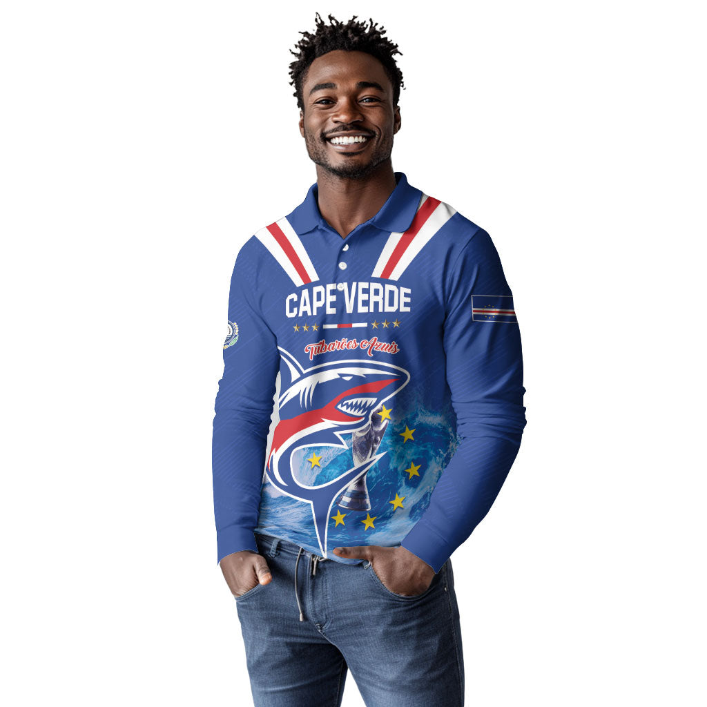 Custom Cape Verde Football 2026 Blue Shark Long Sleeve Polo Shirt Go Champions