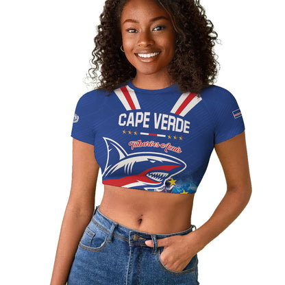Custom Cape Verde Football 2026 Blue Shark Raglan Cropped T shirt Go Champions