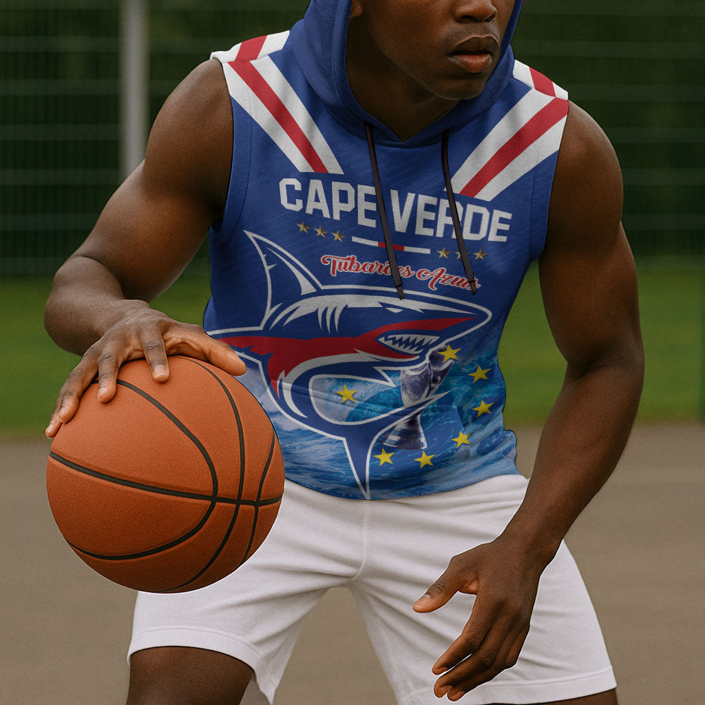 Custom Cape Verde Football 2026 Blue Shark Sleeveless Hoodie Go Champions