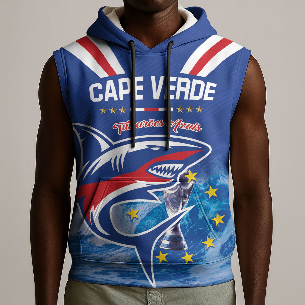 Custom Cape Verde Football 2026 Blue Shark Sleeveless Hoodie Go Champions