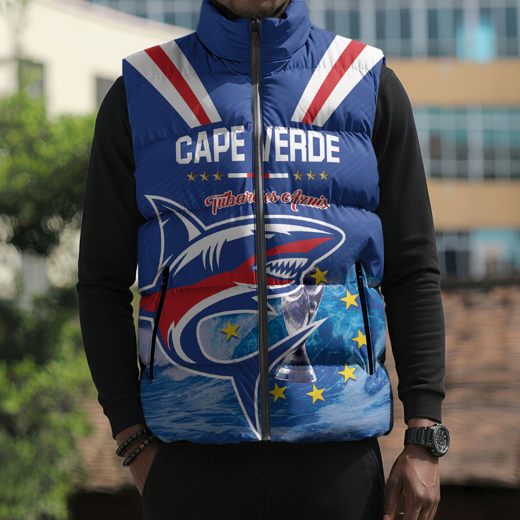 Custom Cape Verde Football 2026 Blue Shark Sleeveless Puffer Jacket Go Champions