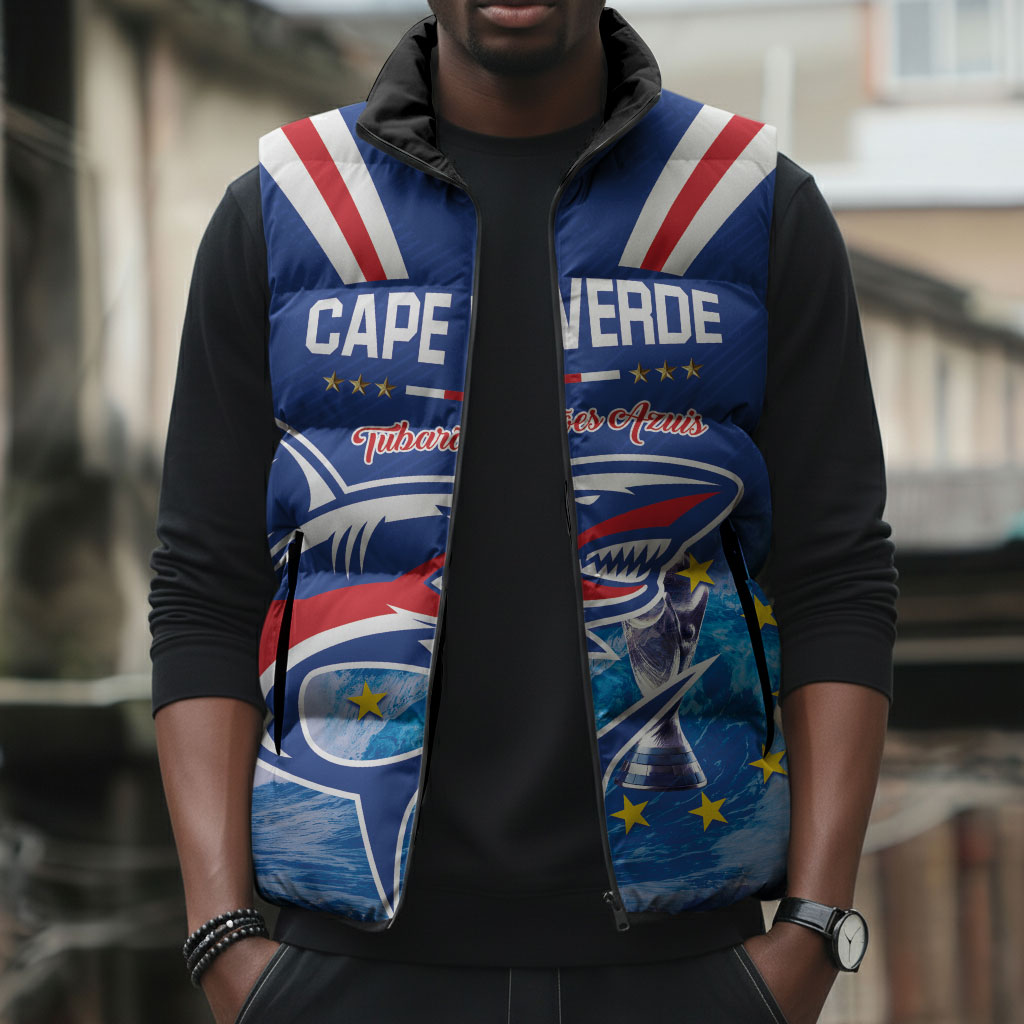 Custom Cape Verde Football 2026 Blue Shark Sleeveless Puffer Jacket Go Champions