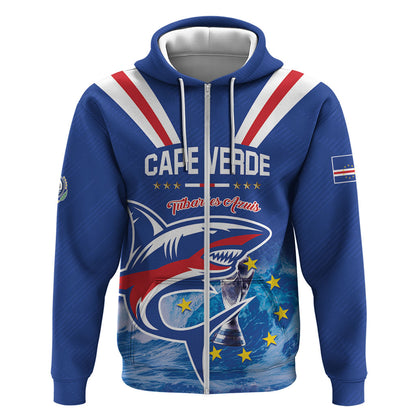 Custom Cape Verde Football 2026 Blue Shark Zip Hoodie Go Champions